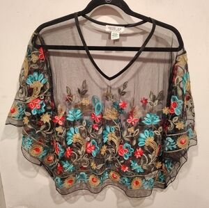 Rachel Zoe Women's Sheer Mesh Floral Embroidered V-Neck Top OS Fairy Boho Party